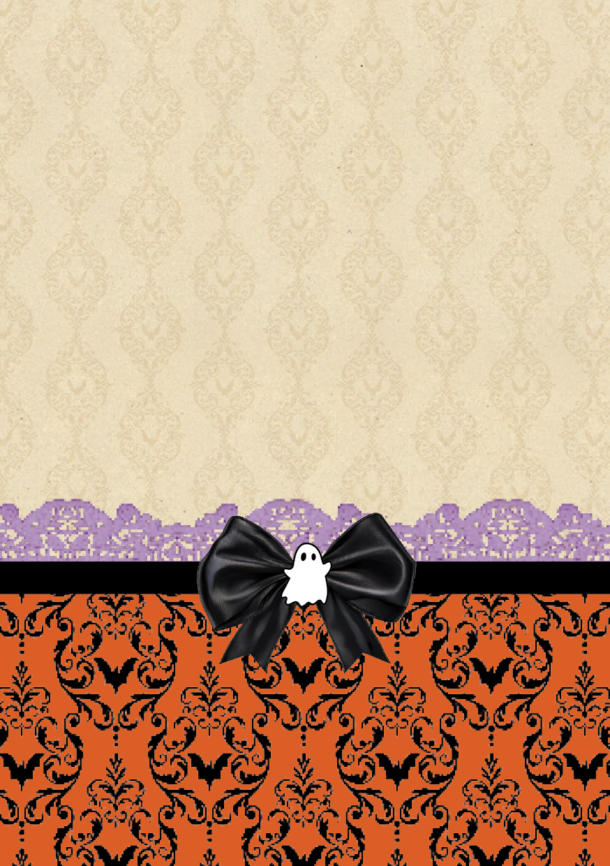 Collage Paper
Vintage cream scrapbook paper with lavender lace border, orange gothic damask, and a large black bow accented with a cute white ghost.