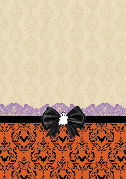 Collage Paper
Vintage cream scrapbook paper with lavender lace border, orange gothic damask, and a large black bow accented with a cute white ghost.