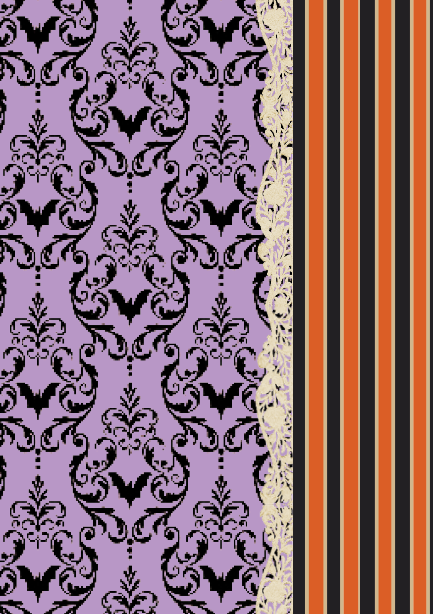 Lavender vintage damask scrapbook paper featuring black bat motifs, cream lace trim, and orange and black vertical stripes with a gothic Halloween aesthetic.