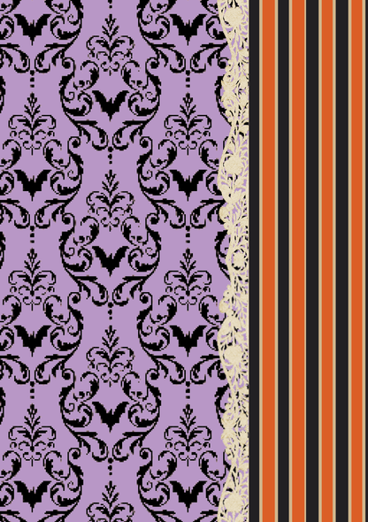 Lavender vintage damask scrapbook paper featuring black bat motifs, cream lace trim, and orange and black vertical stripes with a gothic Halloween aesthetic.