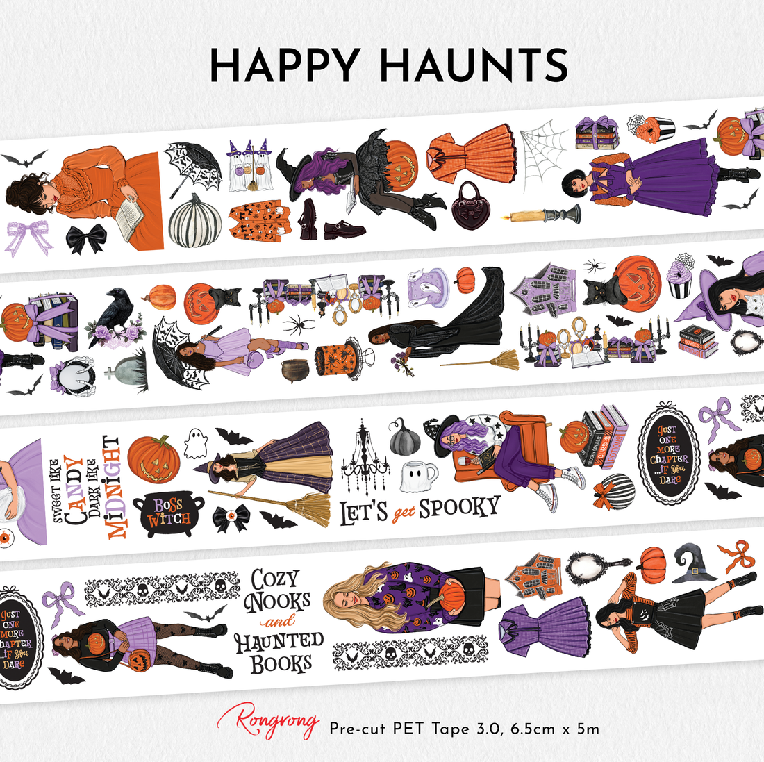Full layout of Happy Haunts pre-cut PET tape showing witches, pumpkins, black cats, candles, books, and spooky cute Halloween elements in orange, black, and purple tones