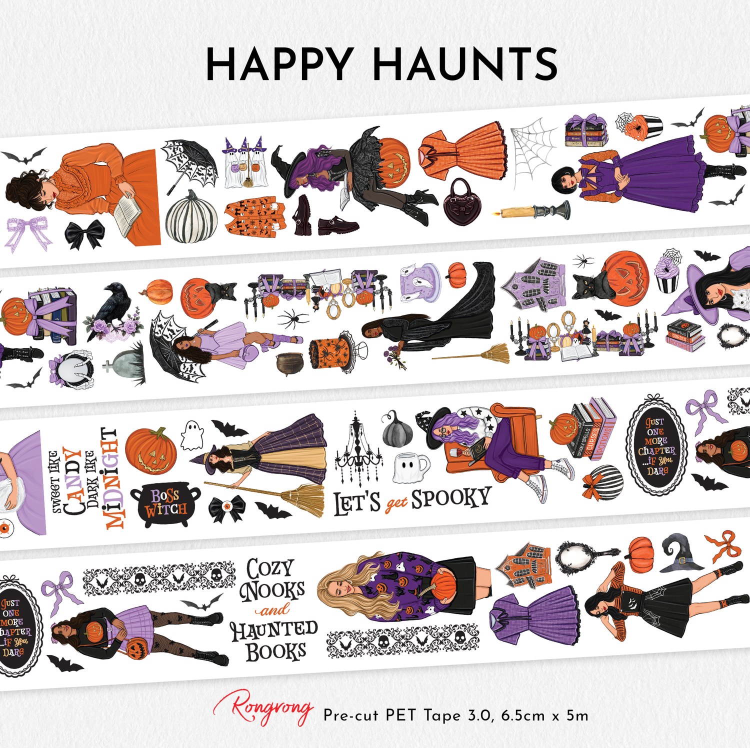 Full layout of Happy Haunts pre-cut PET tape showing witches, pumpkins, black cats, candles, books, and spooky cute Halloween elements in orange, black, and purple tones