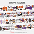 Full layout of Happy Haunts pre-cut PET tape showing witches, pumpkins, black cats, candles, books, and spooky cute Halloween elements in orange, black, and purple tones