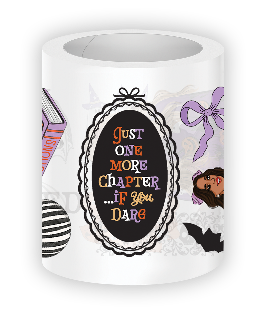 Close-up of Happy Haunts PET tape design featuring “Just One More Chapter If You Dare” with Halloween-themed illustrations like bows, bats, and books
