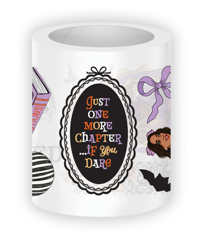 Close-up of Happy Haunts PET tape design featuring “Just One More Chapter If You Dare” with Halloween-themed illustrations like bows, bats, and books