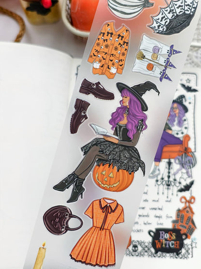 Close-up of Happy Haunts PET Tape featuring a purple-haired witch reading on a pumpkin, Halloween clothing, shoes, ghost decorations, pumpkins, and vintage-inspired spooky accessories.