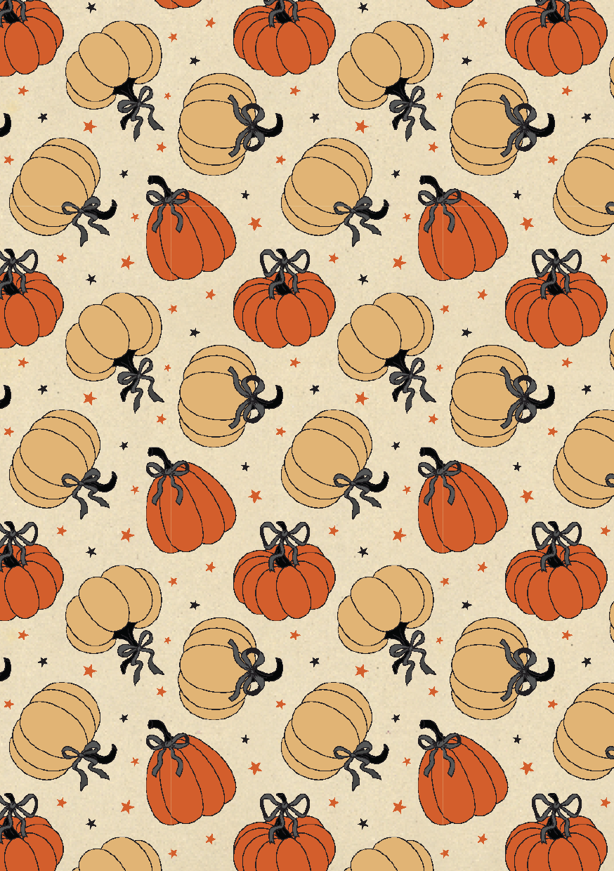 Cream Halloween scrapbook paper with repeating orange and cream pumpkins tied with black bows, scattered with tiny orange and black stars.