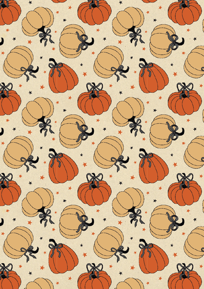Cream Halloween scrapbook paper with repeating orange and cream pumpkins tied with black bows, scattered with tiny orange and black stars.