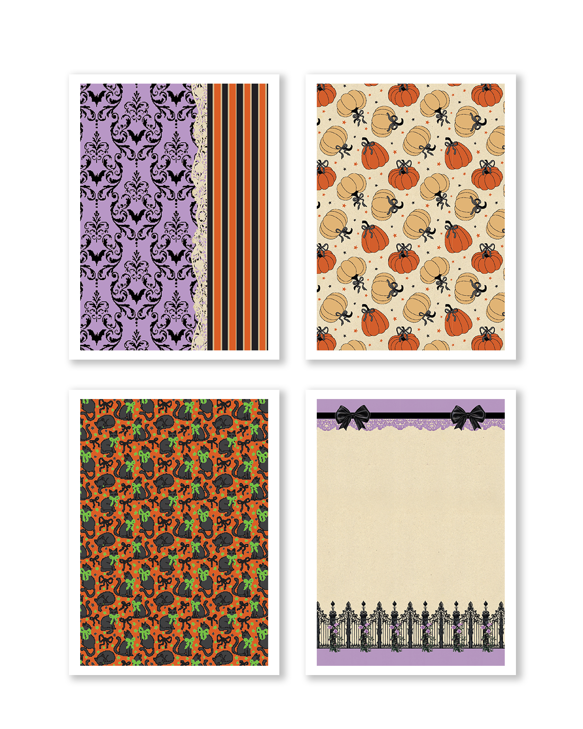 Preview of four Happy Haunts A5 scrapbook papers featuring lavender gothic damask with lace and stripes, pumpkin pattern, black cat Halloween print, and vintage spooky fence journaling paper.