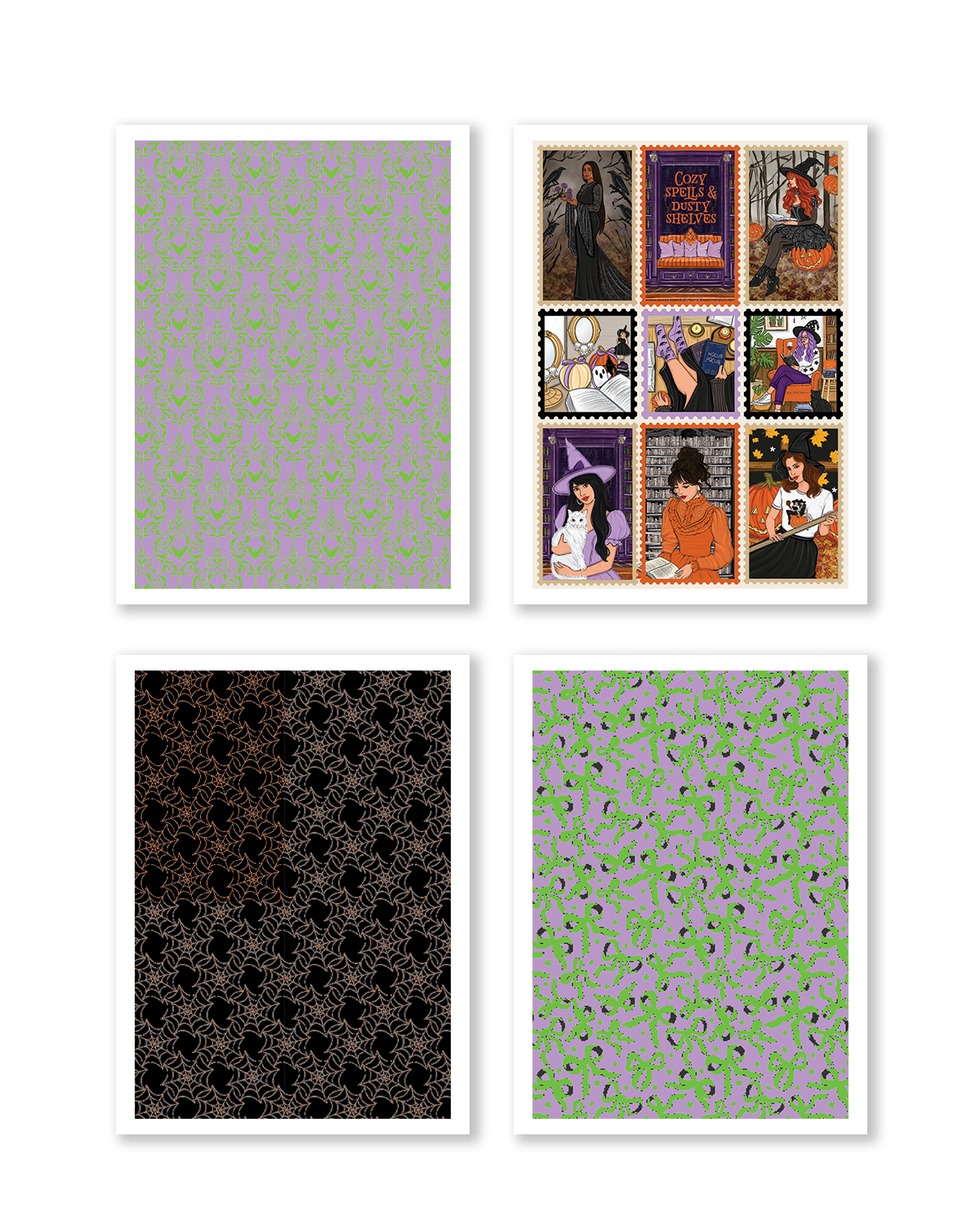 Preview of four Happy Haunts A5 scrapbook papers featuring haunted damask wallpaper, witchy Halloween postage collage, elegant spiderweb pattern, and playful green bow Halloween pattern.
