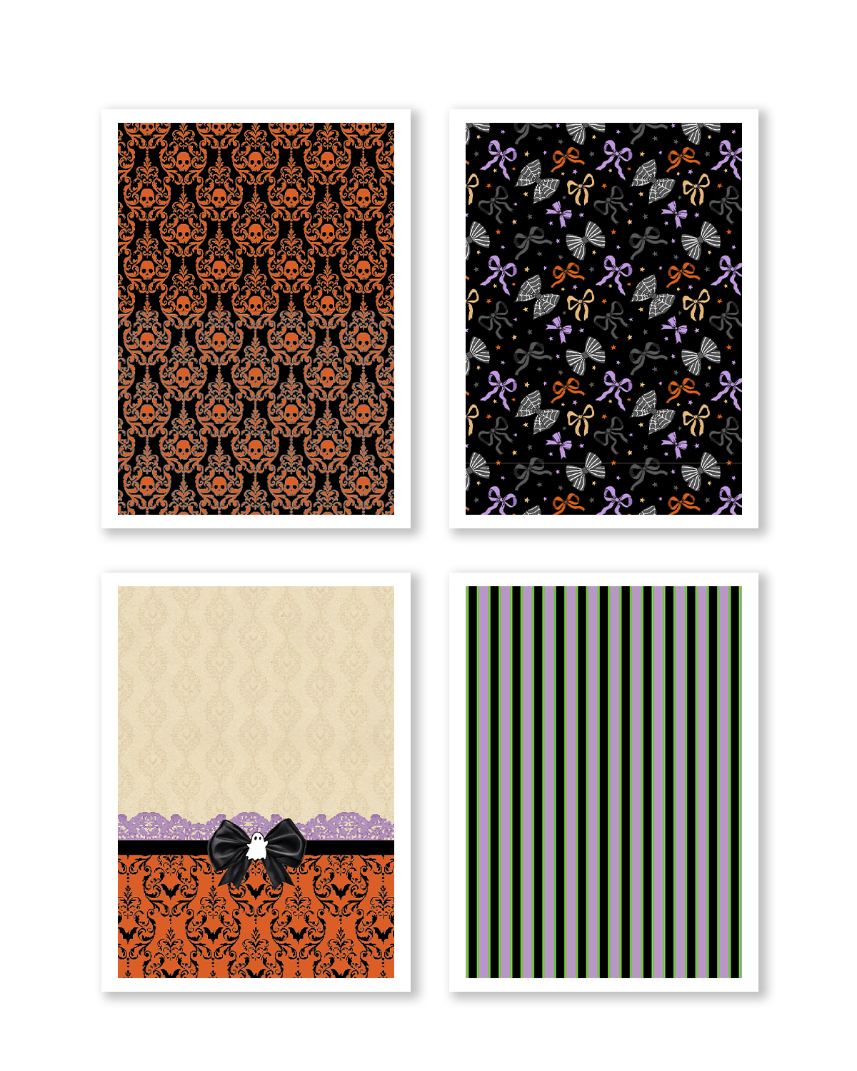 Preview of four Happy Haunts A5 scrapbook papers featuring skull damask wallpaper, Halloween bows and spiderweb pattern, ghost bow collage paper, and black, lavender, and green witch-inspired stripes.