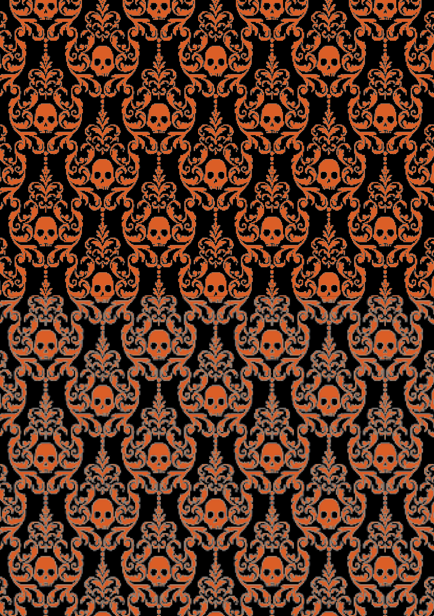 Black vintage Halloween paper featuring repeating orange skulls surrounded by ornate gothic damask flourishes.