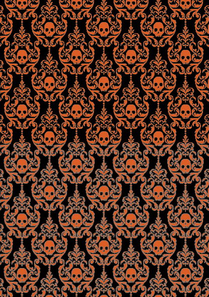 Black vintage Halloween paper featuring repeating orange skulls surrounded by ornate gothic damask flourishes.