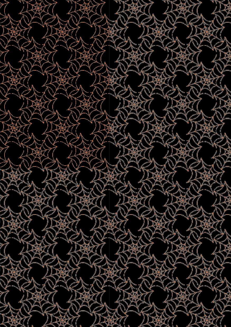 Black Halloween scrapbook paper with repeating copper and silver spiderwebs layered in an elegant gothic pattern.