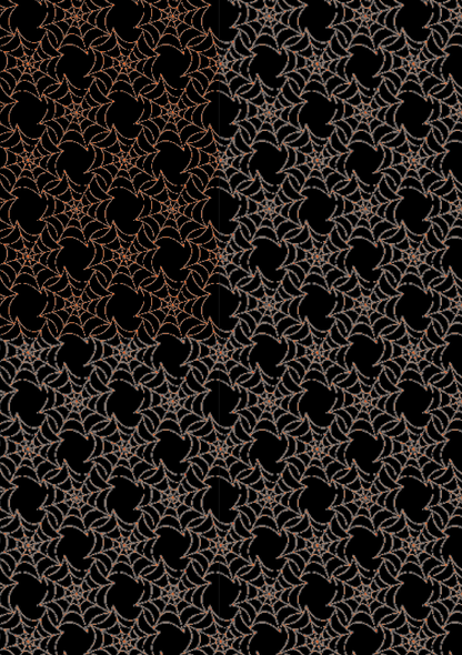 Black Halloween scrapbook paper with repeating copper and silver spiderwebs layered in an elegant gothic pattern.