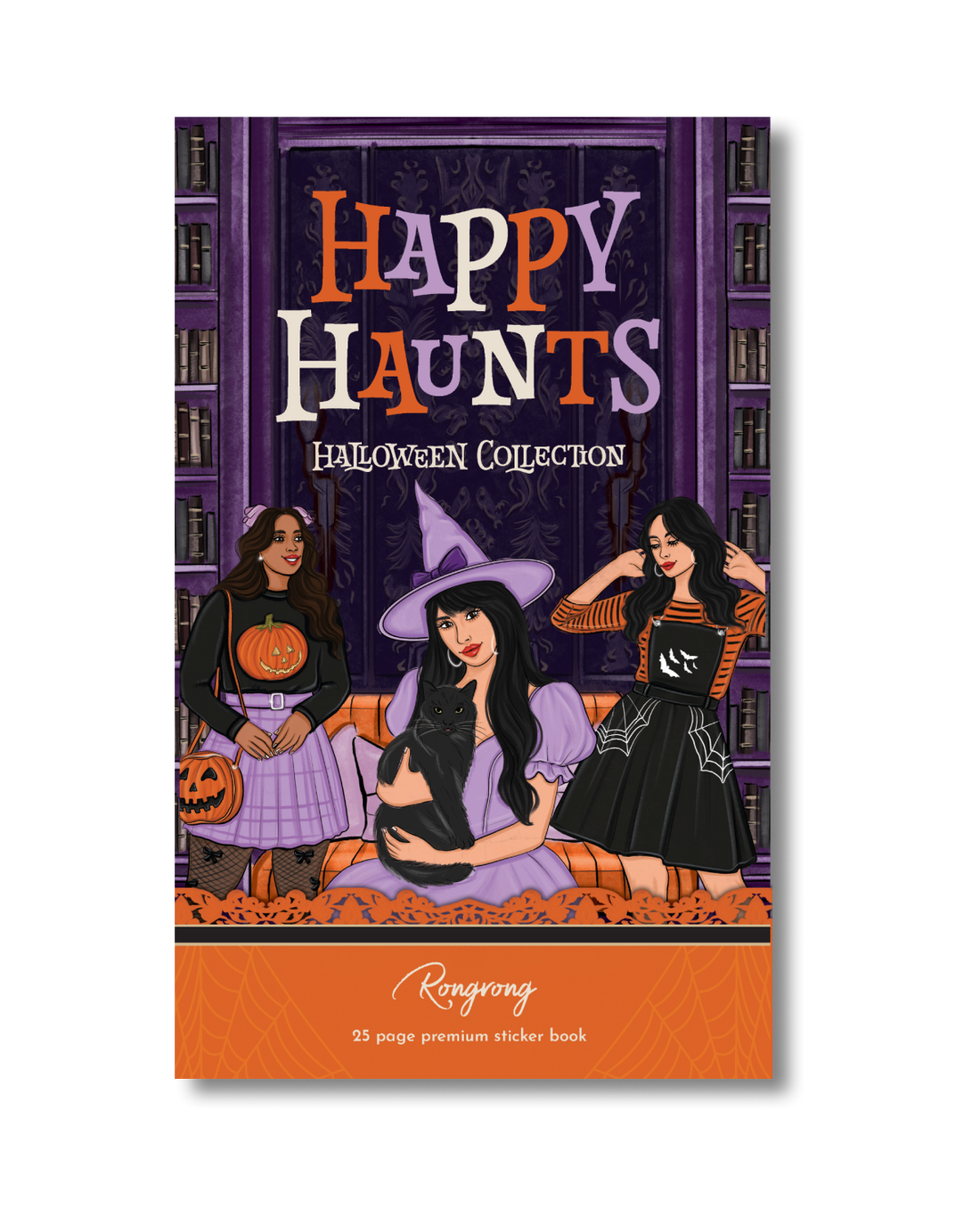 Happy Haunts Halloween sticker book cover featuring fashionable witches, pumpkins, black cat, and cozy spooky library background in orange and purple tones.