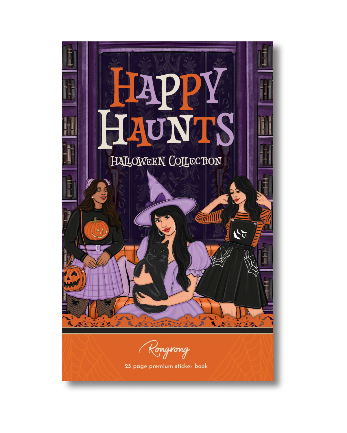Happy Haunts Halloween sticker book cover featuring fashionable witches, pumpkins, black cat, and cozy spooky library background in orange and purple tones.