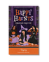 Happy Haunts Halloween sticker book cover featuring fashionable witches, pumpkins, black cat, and cozy spooky library background in orange and purple tones.
