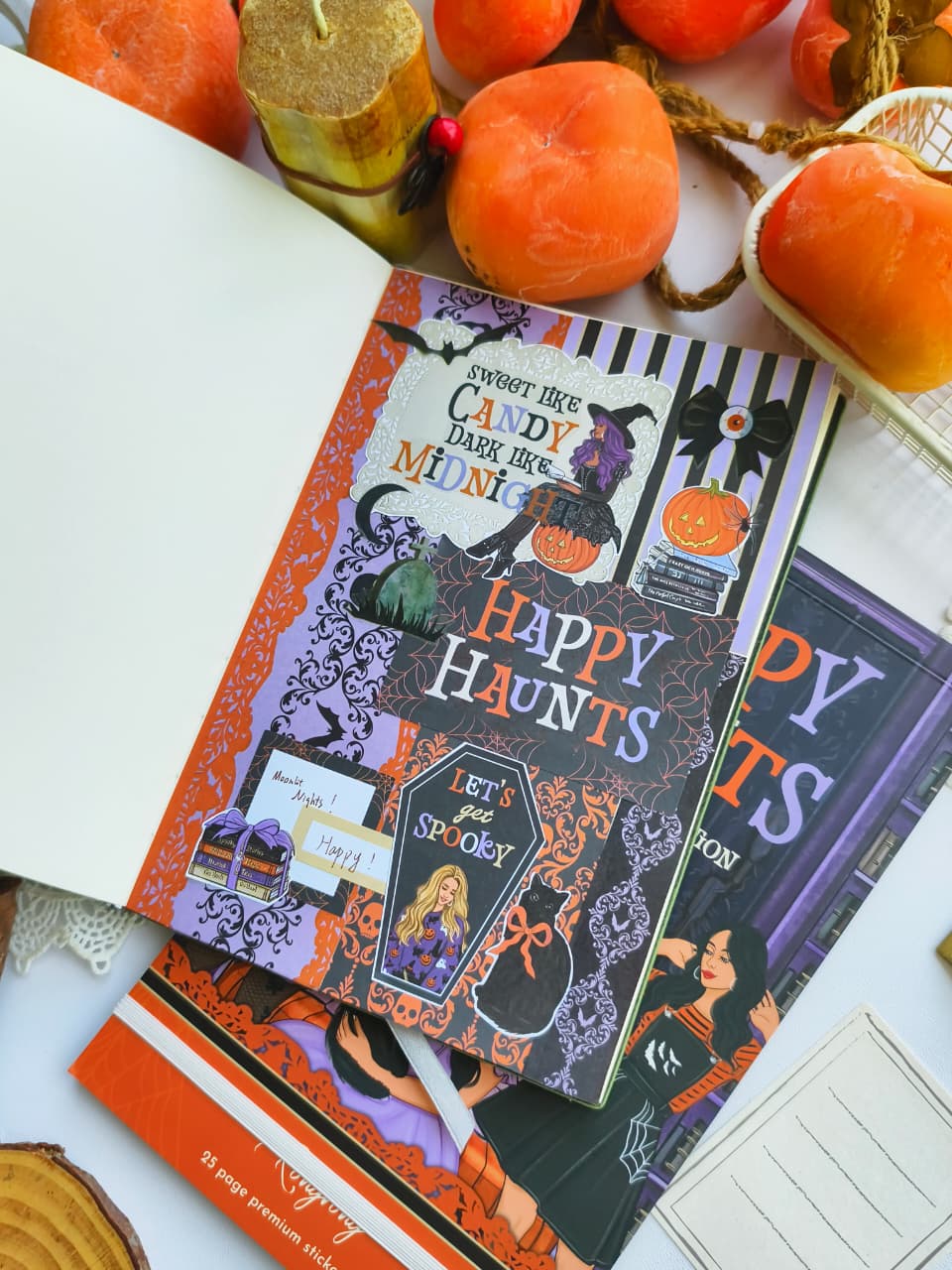 Handmade Halloween journal spread decorated with Happy Haunts Sticker Book stickers, spooky typography, witches, pumpkins, gothic patterns, and layered Halloween embellishments.