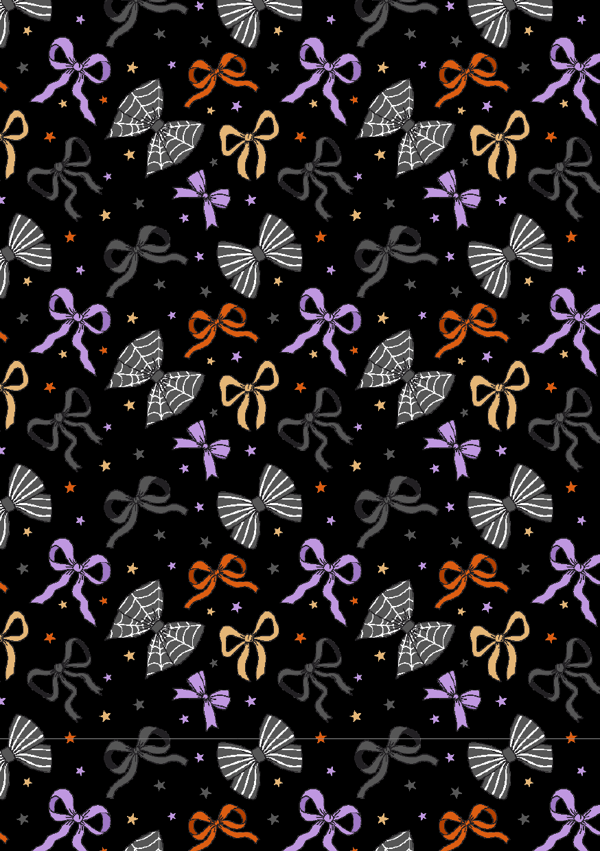 Black scrapbook paper with lavender, orange, cream, and black bows accented with spiderweb bows and tiny scattered stars.