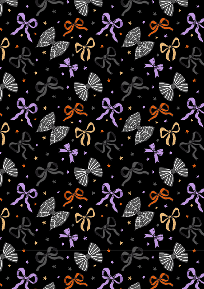 Black scrapbook paper with lavender, orange, cream, and black bows accented with spiderweb bows and tiny scattered stars.