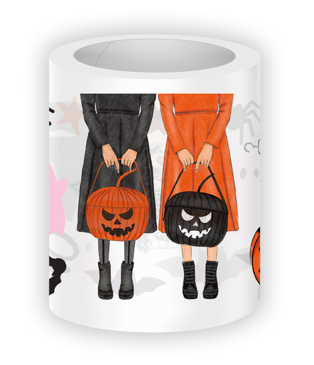 Close-up illustration from the Hey Boo Pre-cut PET Tape featuring two girls holding orange and black pumpkin buckets with cute Halloween-inspired outfits and spooky accents.