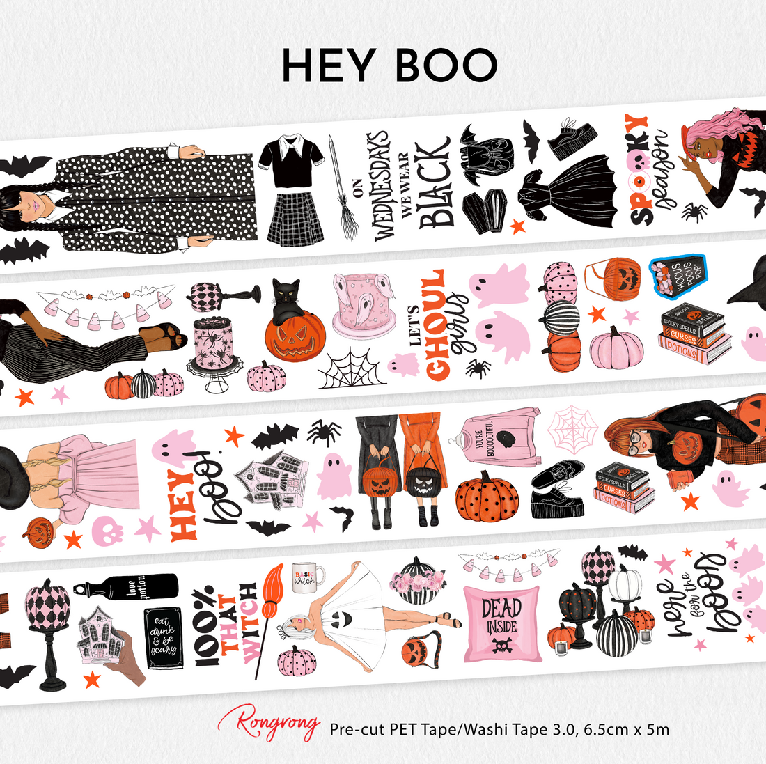 Full preview of the Hey Boo Pre-cut PET Tape featuring Halloween fashion girls, ghosts, pumpkins, bats, books, candles, spooky décor, and playful pink-and-orange Halloween illustrations.