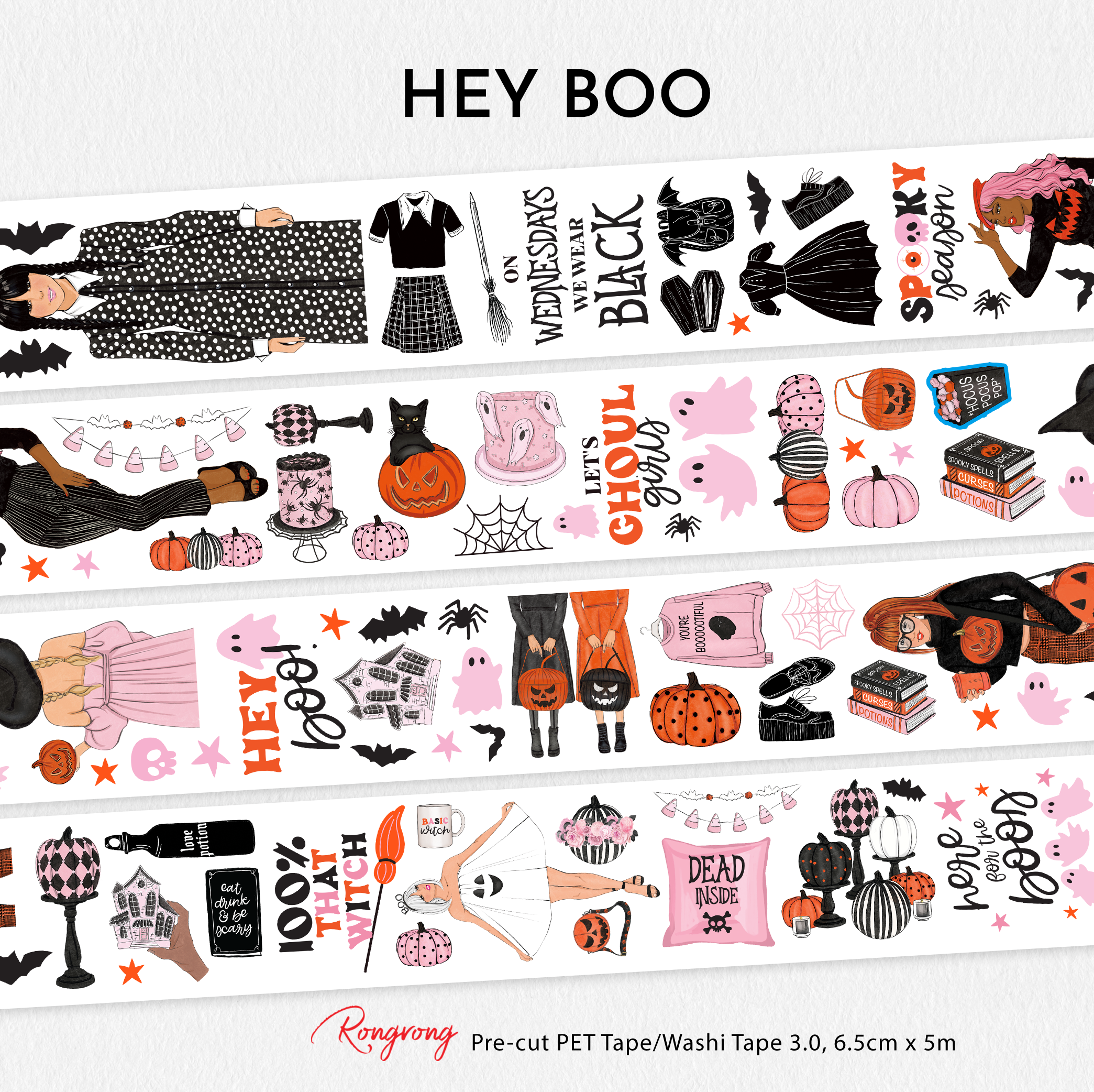 Full preview of the Hey Boo Pre-cut PET Tape featuring Halloween fashion girls, ghosts, pumpkins, bats, books, candles, spooky décor, and playful pink-and-orange Halloween illustrations.