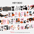 Full preview of the Hey Boo Pre-cut PET Tape featuring Halloween fashion girls, ghosts, pumpkins, bats, books, candles, spooky décor, and playful pink-and-orange Halloween illustrations.