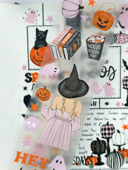 Transparent PET sticker sheet featuring a girl in a witch hat, spooky books, pumpkins, candy-inspired accents, friendly ghosts, stars, and cute Halloween-themed illustrations for journaling and scrapbooking.