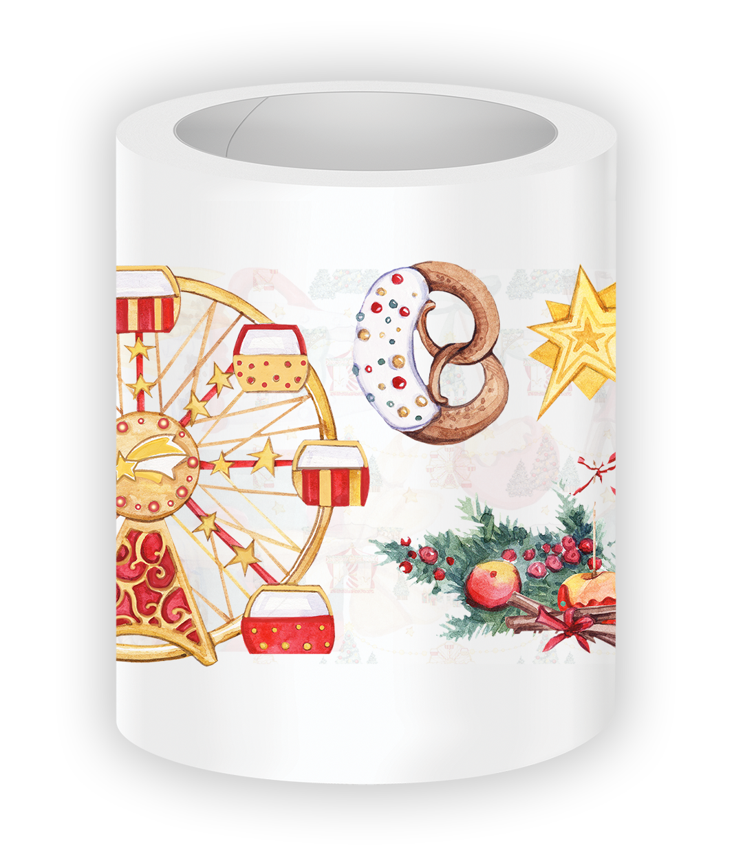 Close-up of Holiday Market PET tape featuring a festive Ferris wheel, decorated pretzel cookie, Christmas star, holiday greenery, ornaments, and classic Christmas market-inspired illustrations.