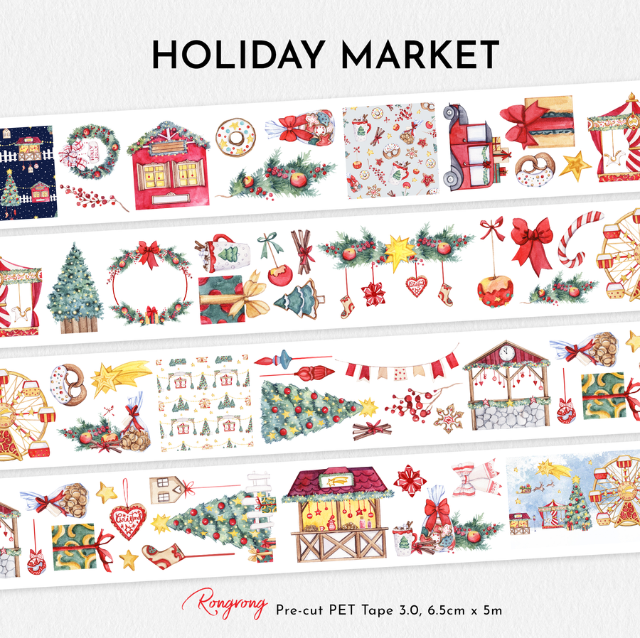 Holiday Market Pre-cut PET Tape 3.0 featuring festive Christmas market illustrations including decorated trees, wreaths, market stalls, candy canes, bows, gifts, pretzels, ornaments, ferris wheels, holiday trucks, garlands, and seasonal décor.