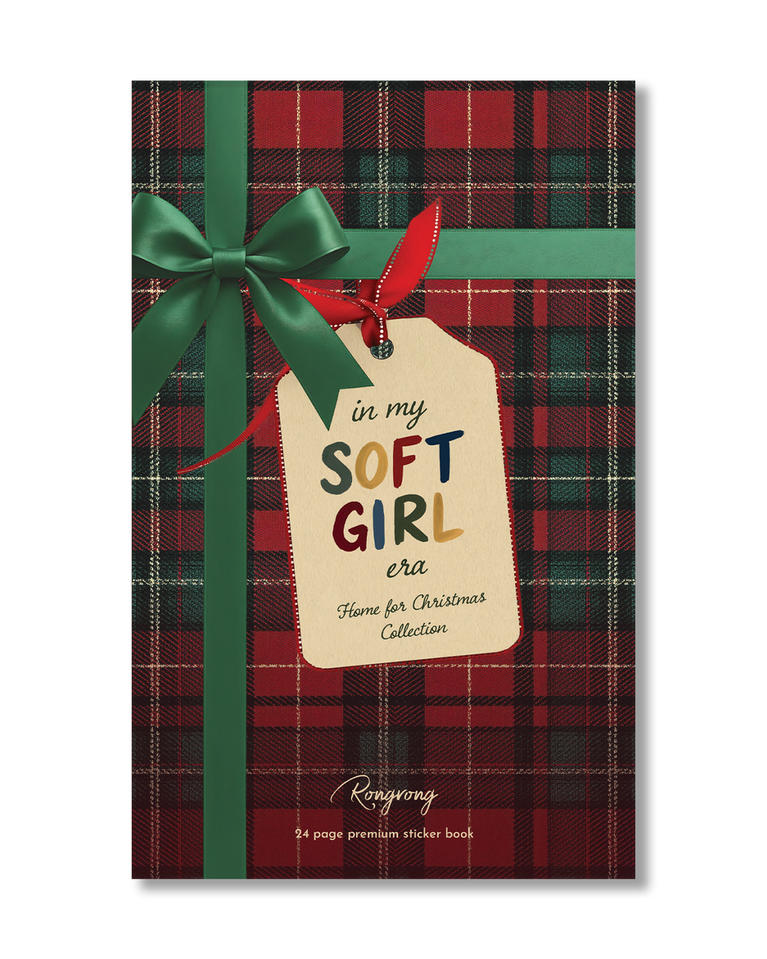 A rectangular book or booklet cover featuring a red and green plaid pattern, wrapped with a green ribbon and bow and a hanging cream tag that reads &