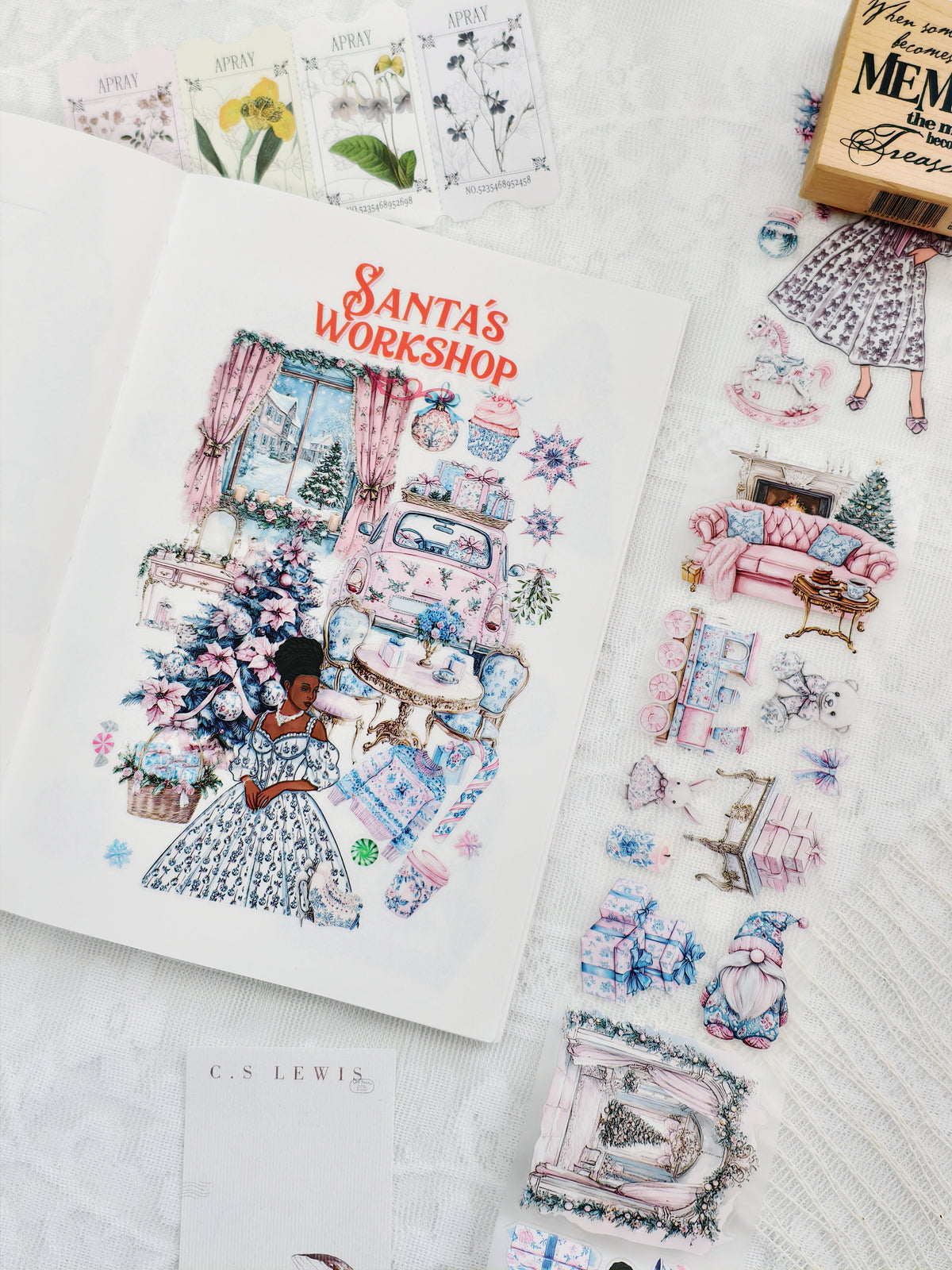 Illustrated card with a woman in a dress surrounded by festive elements on a white surface.