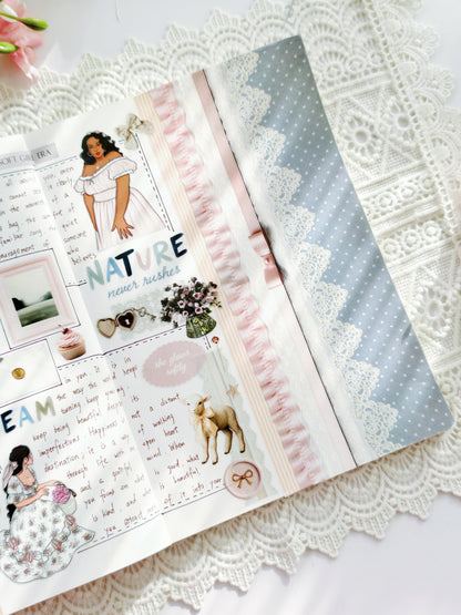 Feminine journaling box with bows, lace, and floral details