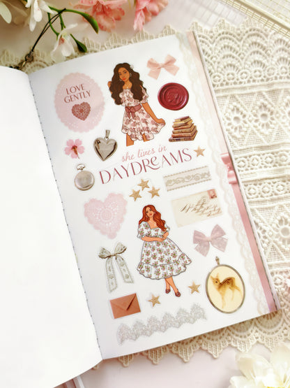 Romantic pink and sage journaling sticker book layout pages