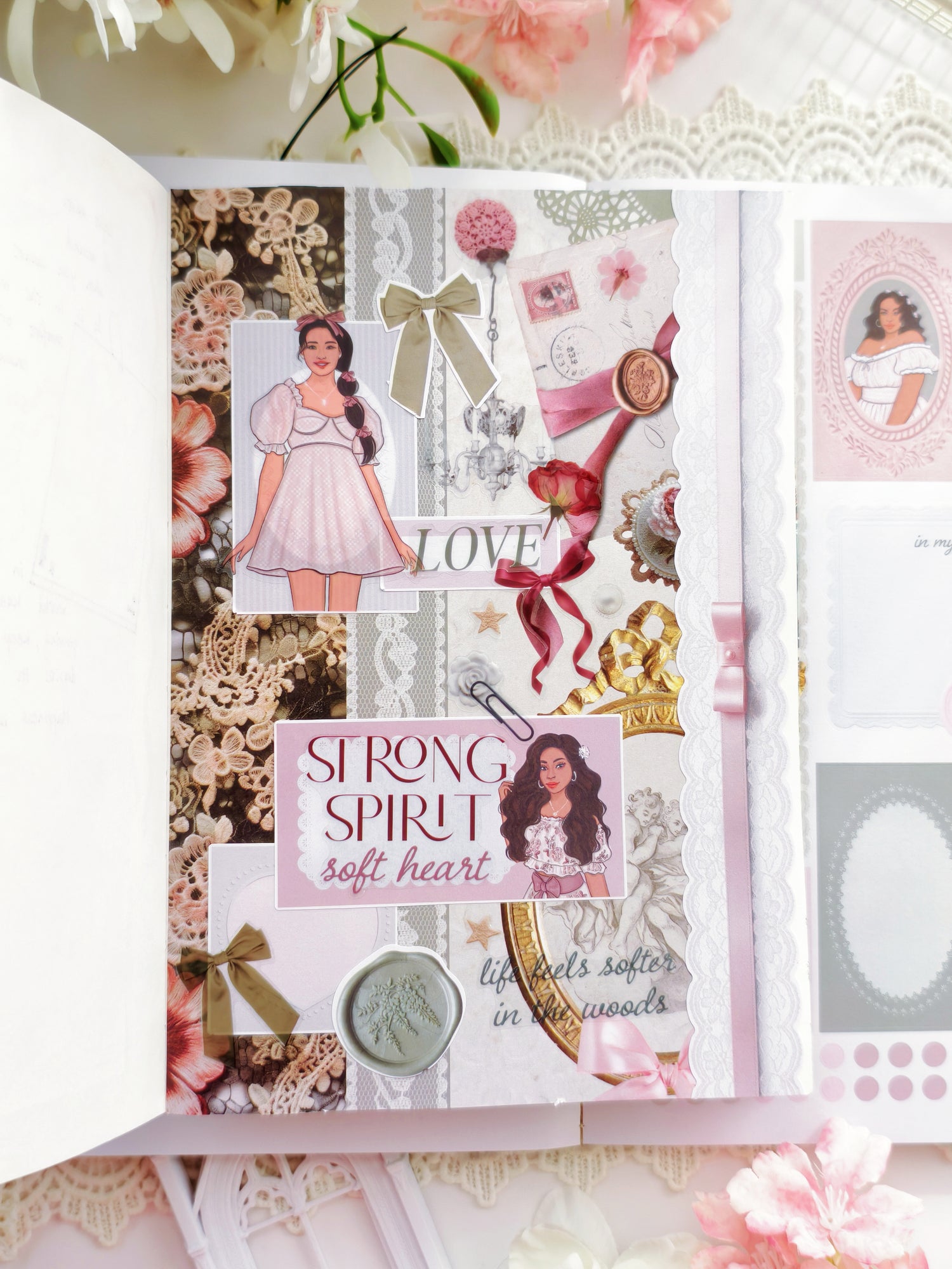 Feminine soft girl era sticker collection with bows, florals, and decorative frames