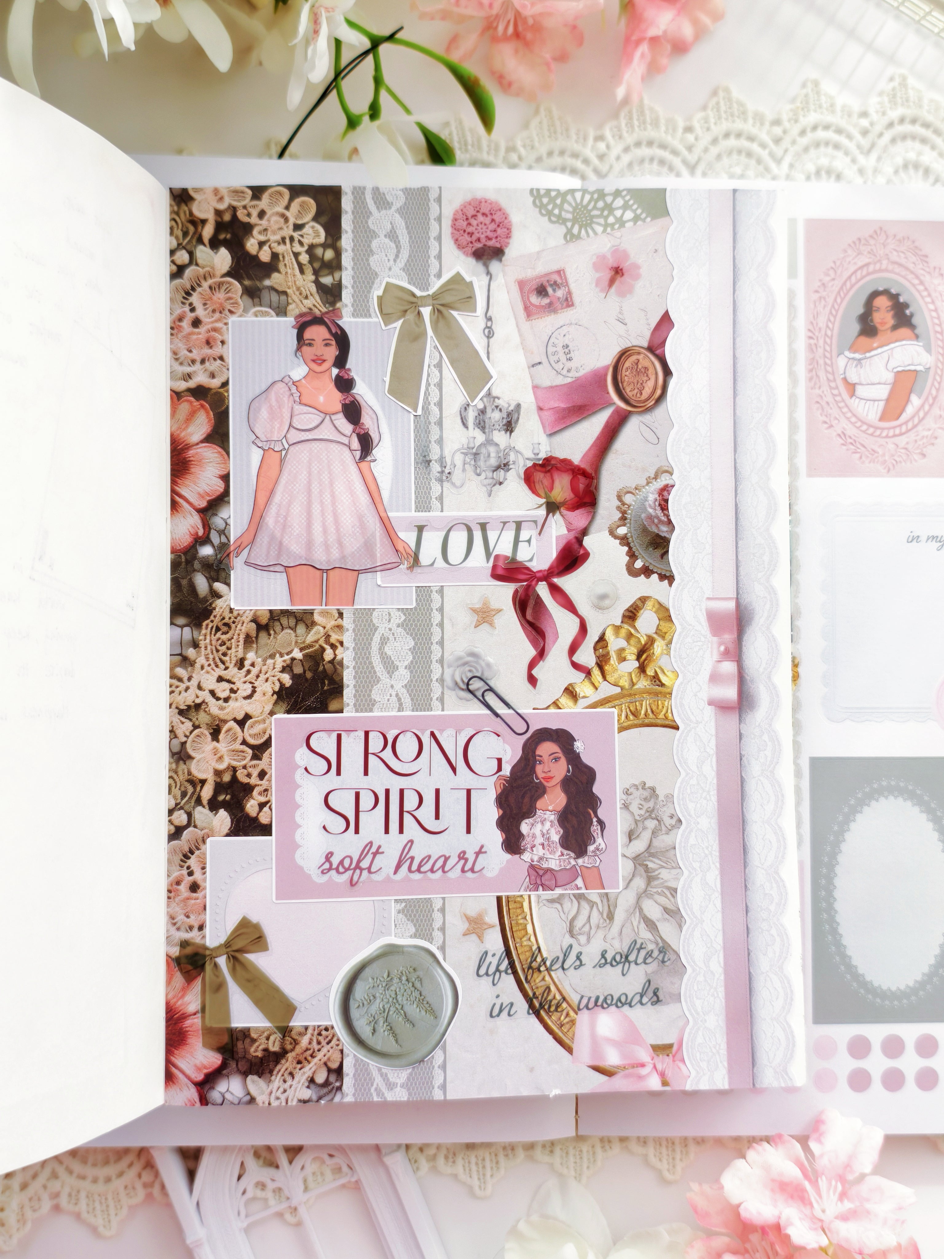 Feminine soft girl era sticker collection with bows, florals, and decorative frames