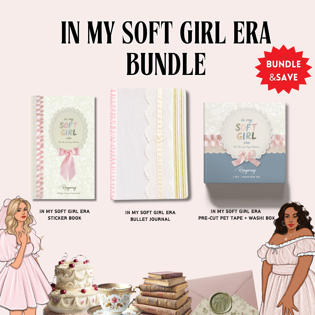 In My Soft Girl Era Bundle featuring a sticker book, bullet journal, and pre-cut PET tape with washi box, styled with soft pastel tones