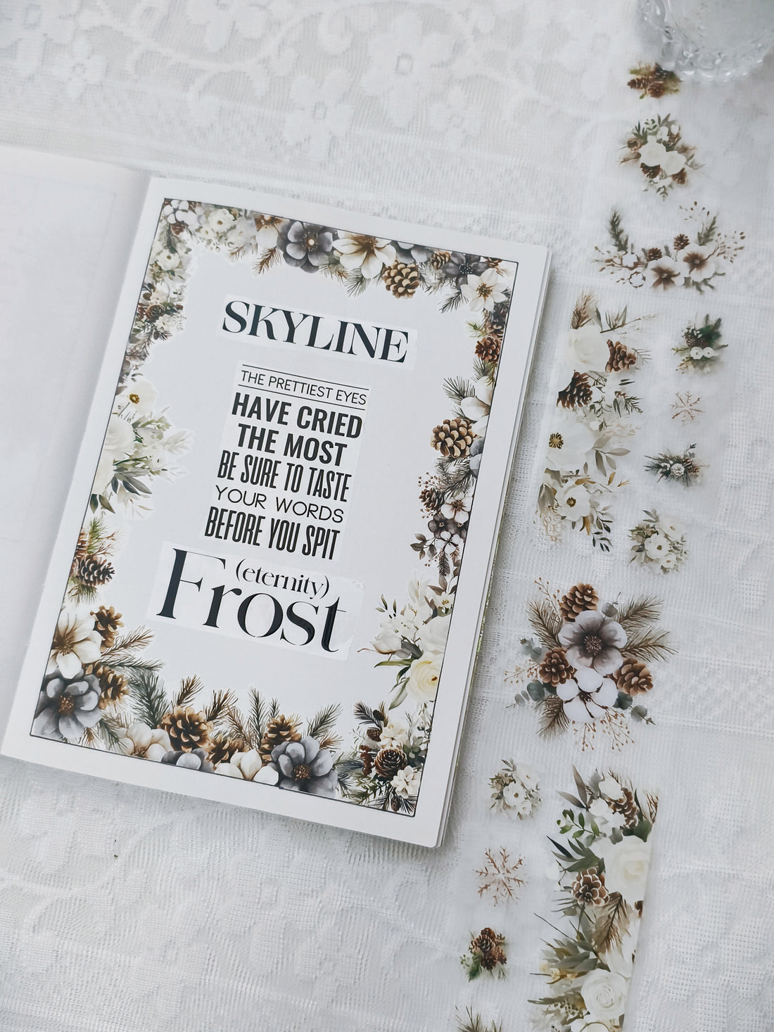 Elegant PET tape featuring ivory flowers and frosted greenery