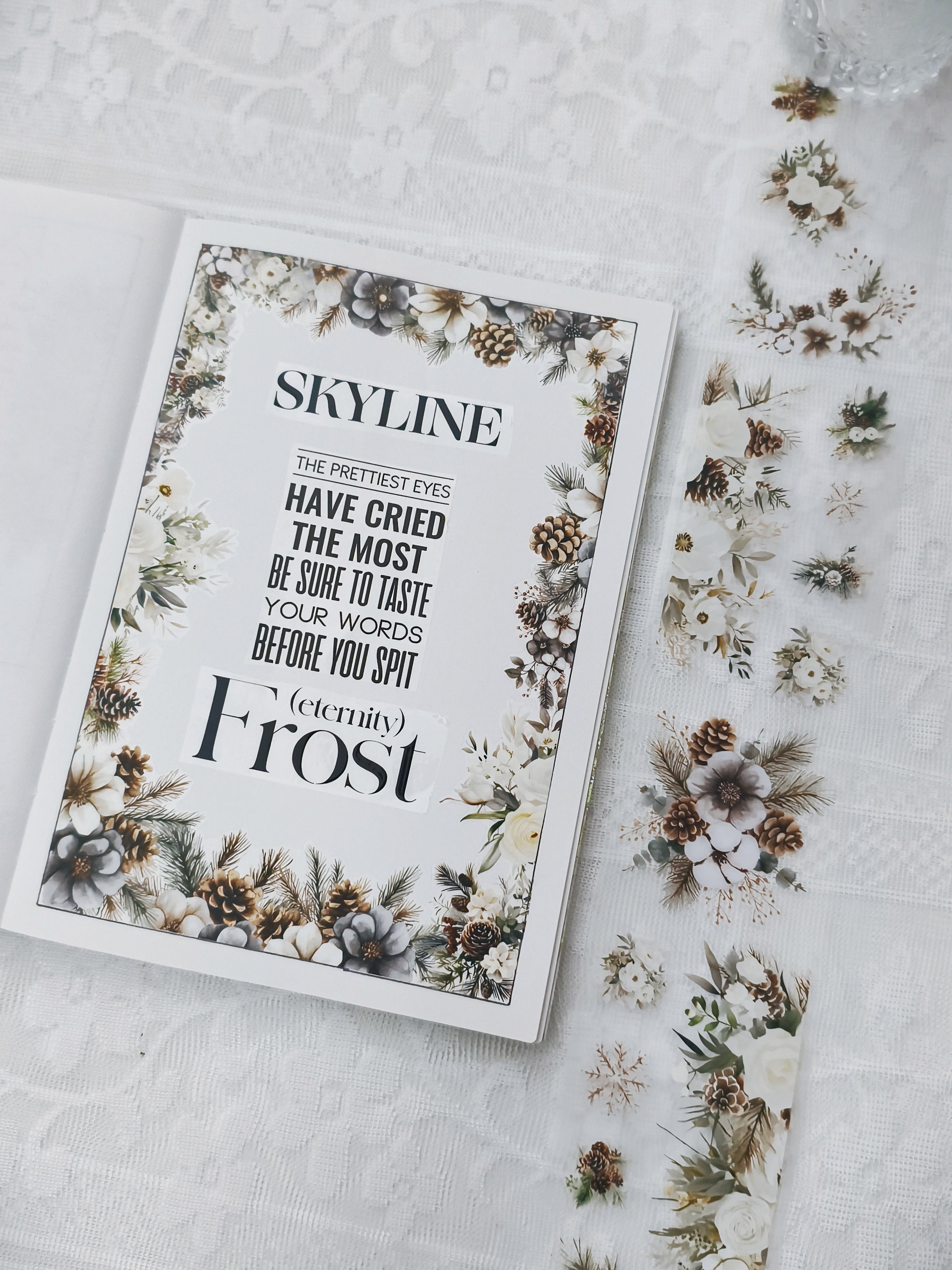 Elegant PET tape featuring ivory flowers and frosted greenery