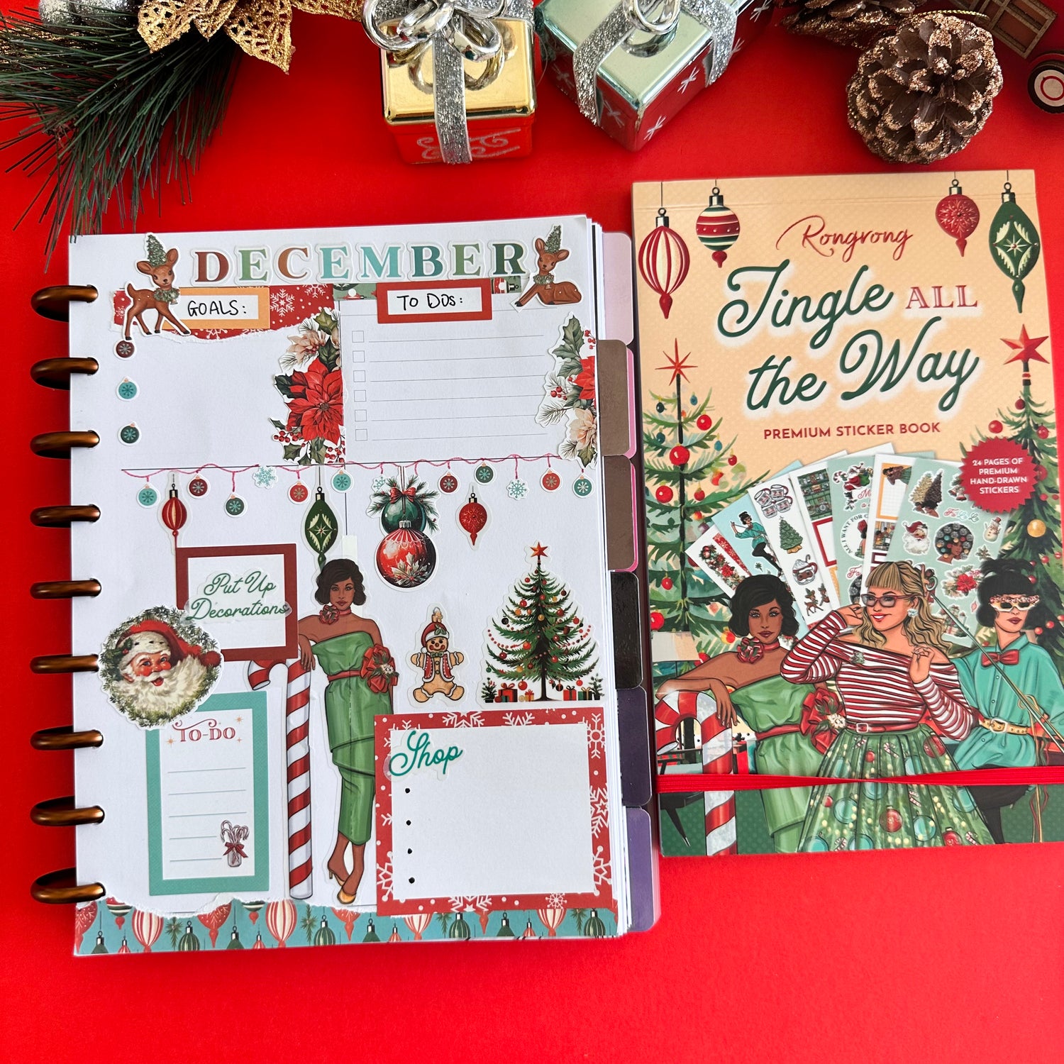 Planner filled with colorful holiday icons like ornaments, gifts, Christmas tree and decorations about the season.