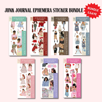 The sticker packs showcase various themes, including pastel florals, vintage red, wild glam leopard print, soft blue fashion, romantic pink florals, sparkling crystal-inspired designs, and sweet pink dessert-themed ephemera. A red "Bundle &amp; Save" badge appears in the top right corner, promoting the Junk Journal Ephemera Sticker Bundle.