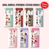 The sticker packs showcase various themes, including pastel florals, vintage red, wild glam leopard print, soft blue fashion, romantic pink florals, sparkling crystal-inspired designs, and sweet pink dessert-themed ephemera. A red "Bundle & Save" badge appears in the top right corner, promoting the Junk Journal Ephemera Sticker Bundle.