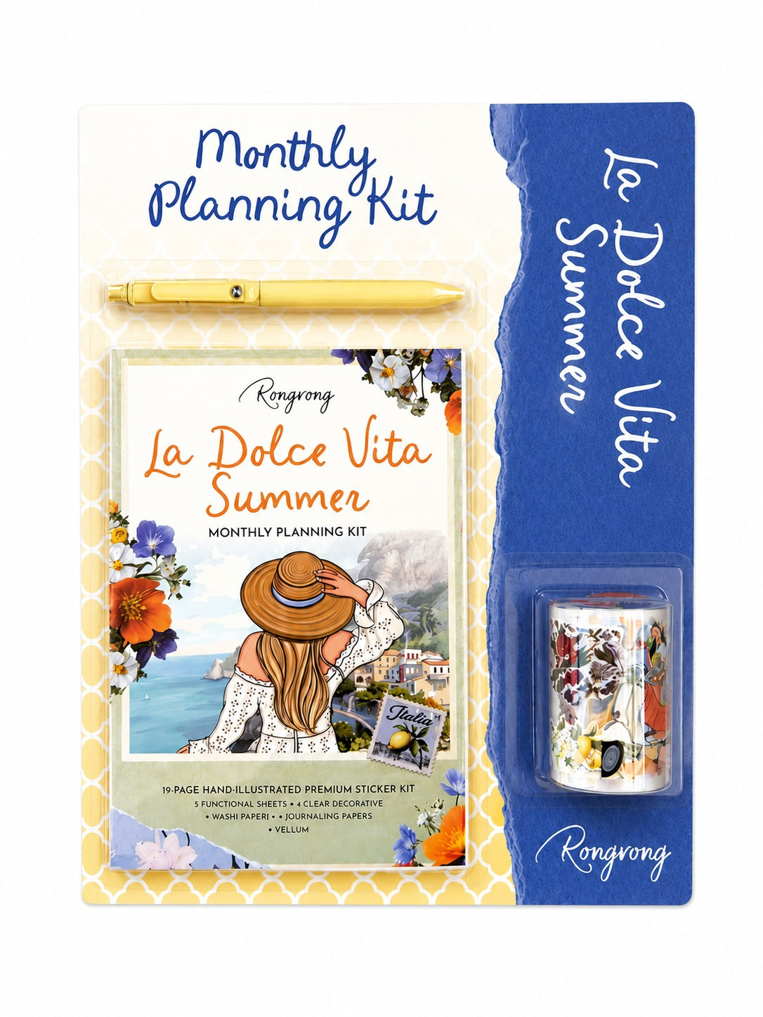 La Dolce Vita Summer Monthly Planning Kit Bundle featuring a 19-page illustrated planner sticker kit inspired by the Italian coast, a yellow pen, and decorative PET tape with vibrant summer artwork and Mediterranean aesthetic details.