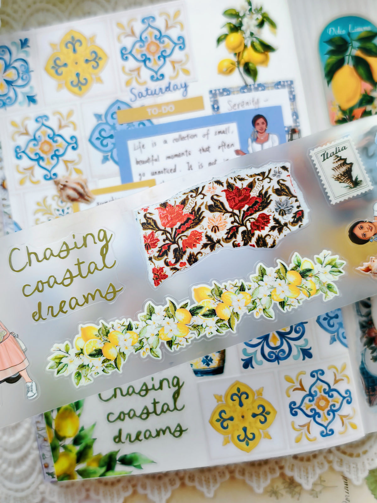 Clear sticker sheet featuring lemon florals, Italian-inspired patterns, and the phrase “Chasing coastal dreams” on a soft aesthetic background.