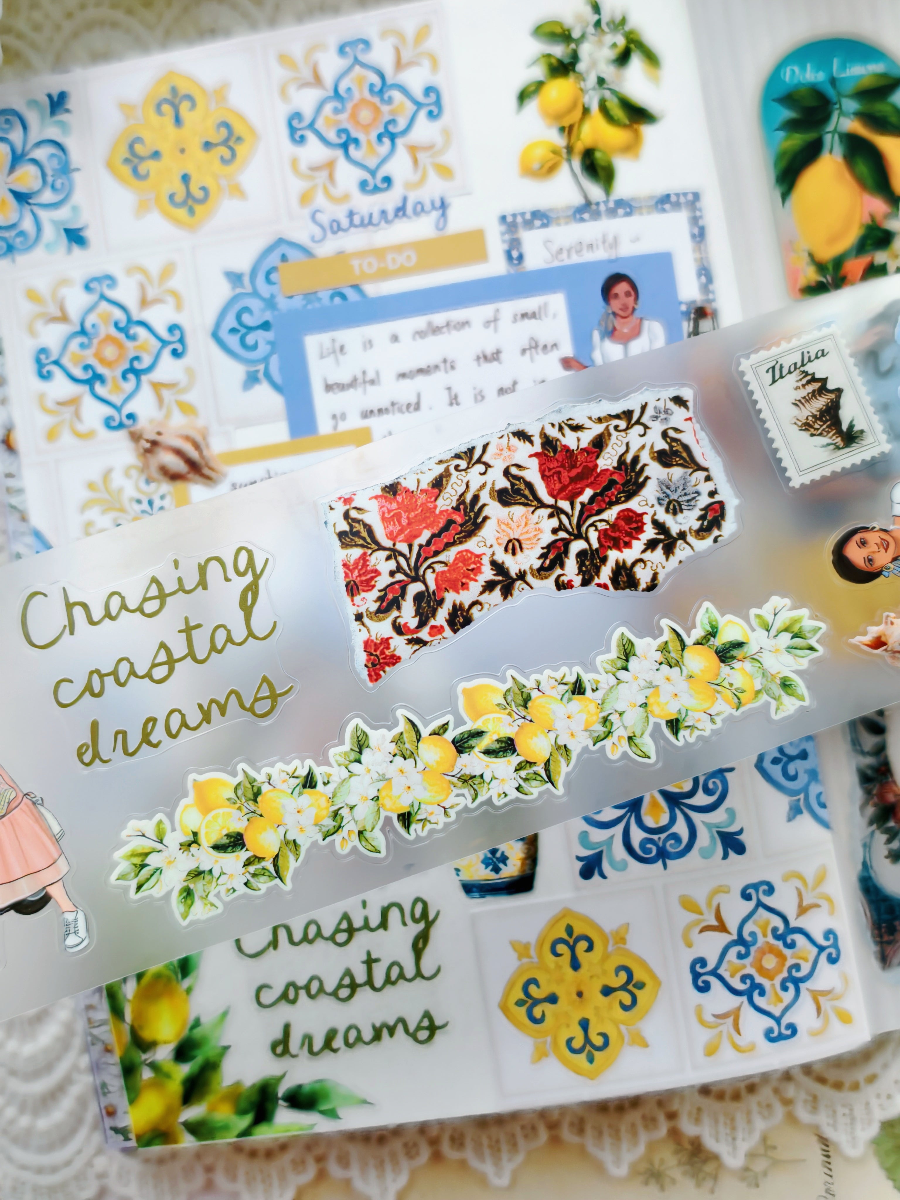 Clear sticker sheet featuring lemon florals, Italian-inspired patterns, and the phrase “Chasing coastal dreams” on a soft aesthetic background.