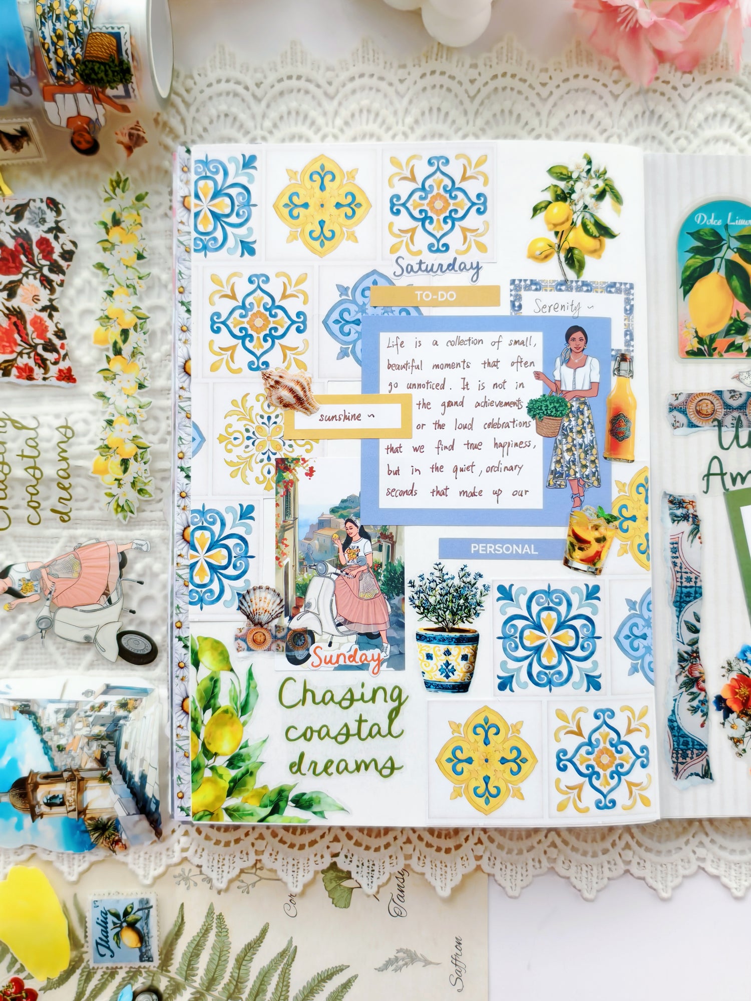 Planner page decorated with blue and yellow Mediterranean tile patterns, lemon accents, and illustrated women, styled in a coastal Italian theme.