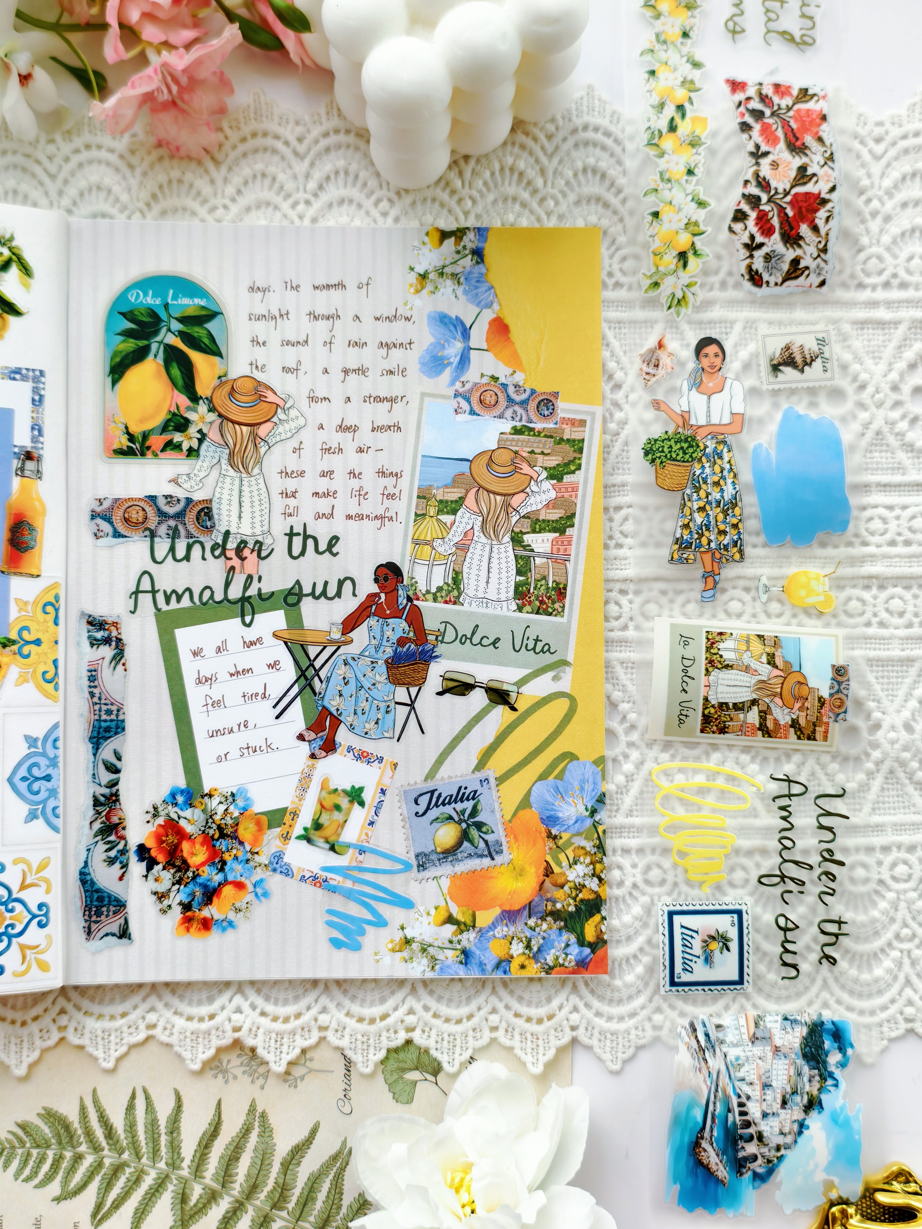 Scrapbook-style journal spread showcasing lemon motifs, Italian stamps, florals, and summer lifestyle illustrations.