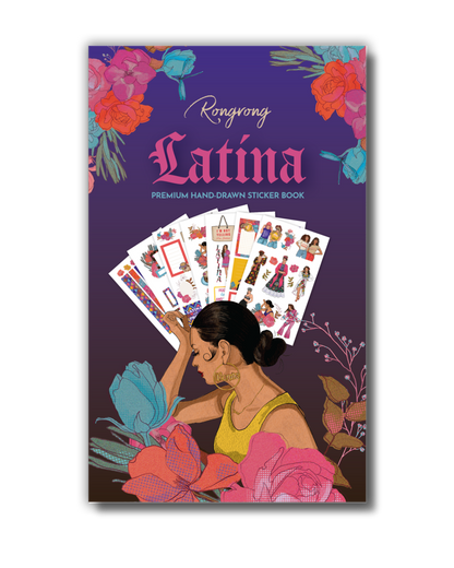 Sticker book cover with illustrations and text on a purple background